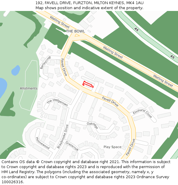 192, FAVELL DRIVE, FURZTON, MILTON KEYNES, MK4 1AU: Location map and indicative extent of plot