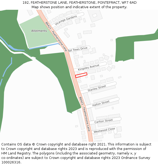 192, FEATHERSTONE LANE, FEATHERSTONE, PONTEFRACT, WF7 6AD: Location map and indicative extent of plot