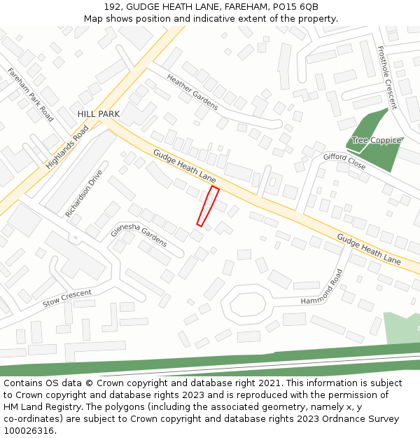 192, GUDGE HEATH LANE, FAREHAM, PO15 6QB: Location map and indicative extent of plot