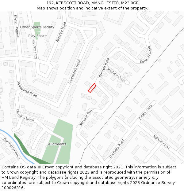 192, KERSCOTT ROAD, MANCHESTER, M23 0GP: Location map and indicative extent of plot