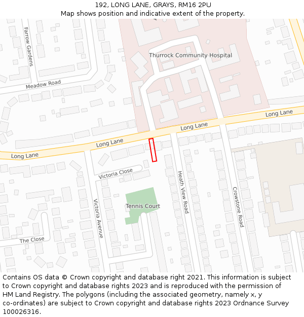 192, LONG LANE, GRAYS, RM16 2PU: Location map and indicative extent of plot