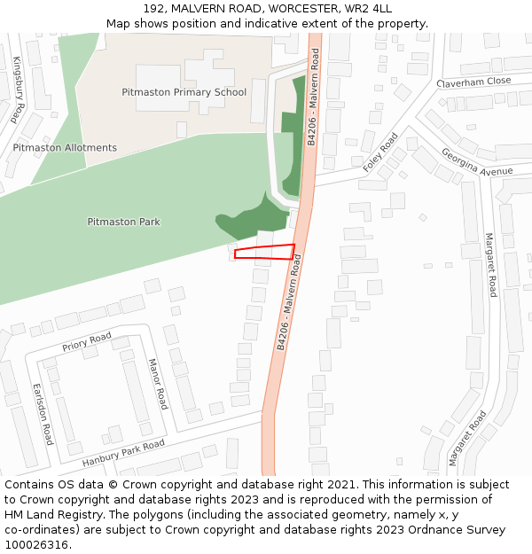 192, MALVERN ROAD, WORCESTER, WR2 4LL: Location map and indicative extent of plot