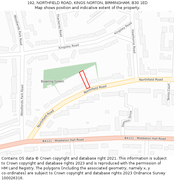 192, NORTHFIELD ROAD, KINGS NORTON, BIRMINGHAM, B30 1ED: Location map and indicative extent of plot