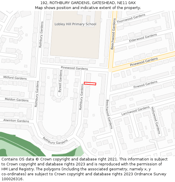 192, ROTHBURY GARDENS, GATESHEAD, NE11 0AX: Location map and indicative extent of plot