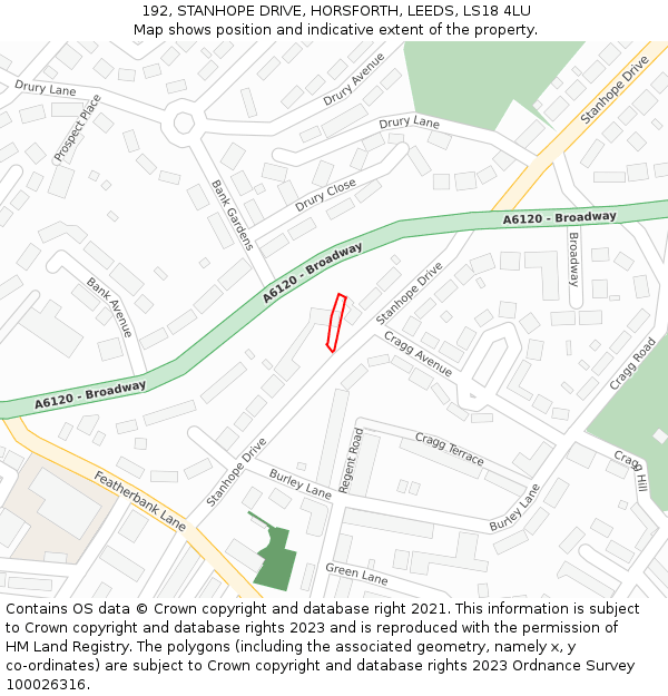 192, STANHOPE DRIVE, HORSFORTH, LEEDS, LS18 4LU: Location map and indicative extent of plot