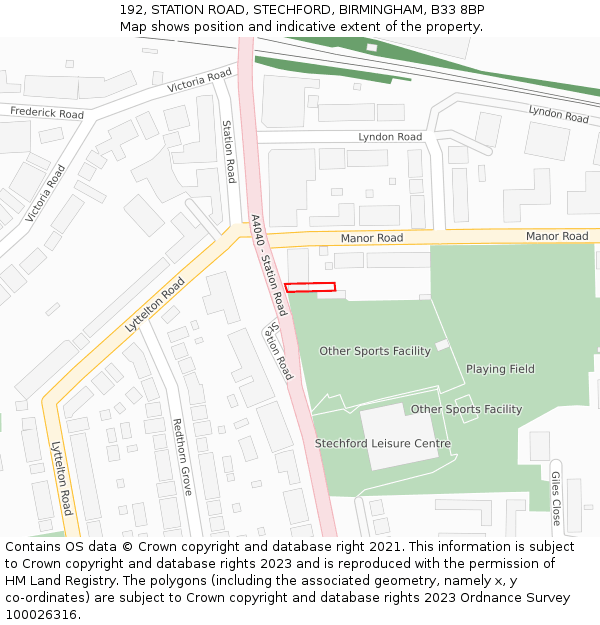 192, STATION ROAD, STECHFORD, BIRMINGHAM, B33 8BP: Location map and indicative extent of plot