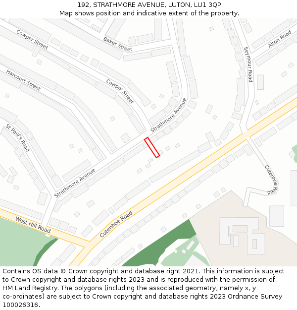 192, STRATHMORE AVENUE, LUTON, LU1 3QP: Location map and indicative extent of plot