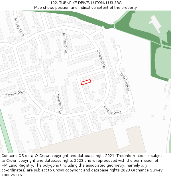 192, TURNPIKE DRIVE, LUTON, LU3 3RG: Location map and indicative extent of plot