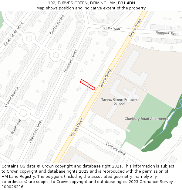 192, TURVES GREEN, BIRMINGHAM, B31 4BN: Location map and indicative extent of plot