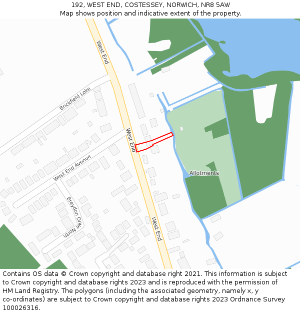 192, WEST END, COSTESSEY, NORWICH, NR8 5AW: Location map and indicative extent of plot