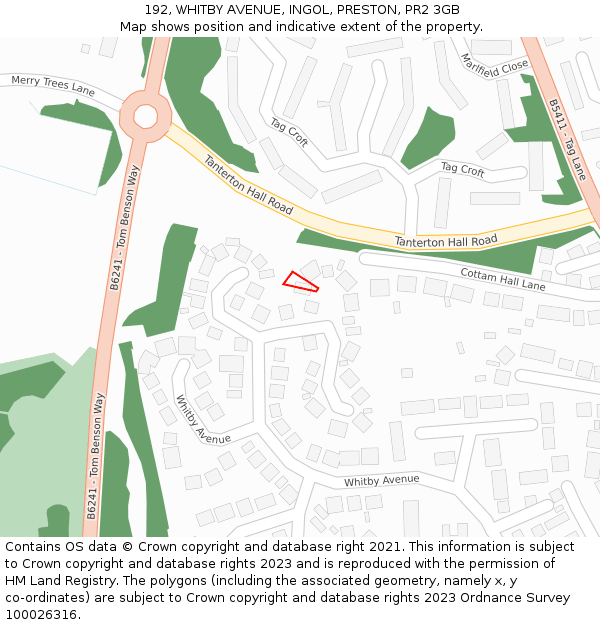 192, WHITBY AVENUE, INGOL, PRESTON, PR2 3GB: Location map and indicative extent of plot