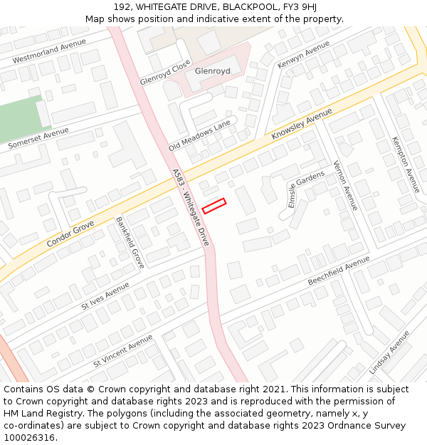 192, WHITEGATE DRIVE, BLACKPOOL, FY3 9HJ: Location map and indicative extent of plot