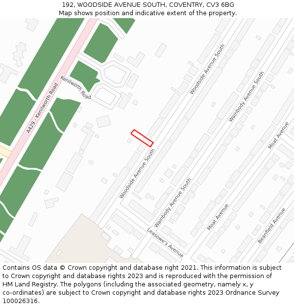 192, WOODSIDE AVENUE SOUTH, COVENTRY, CV3 6BG: Location map and indicative extent of plot