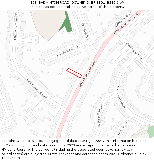 193, BADMINTON ROAD, DOWNEND, BRISTOL, BS16 6NW: Location map and indicative extent of plot