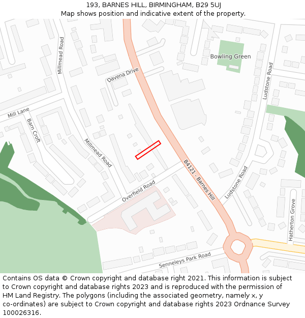 193, BARNES HILL, BIRMINGHAM, B29 5UJ: Location map and indicative extent of plot