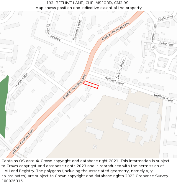 193, BEEHIVE LANE, CHELMSFORD, CM2 9SH: Location map and indicative extent of plot