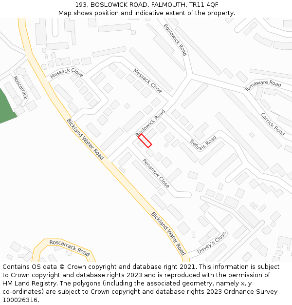 193, BOSLOWICK ROAD, FALMOUTH, TR11 4QF: Location map and indicative extent of plot