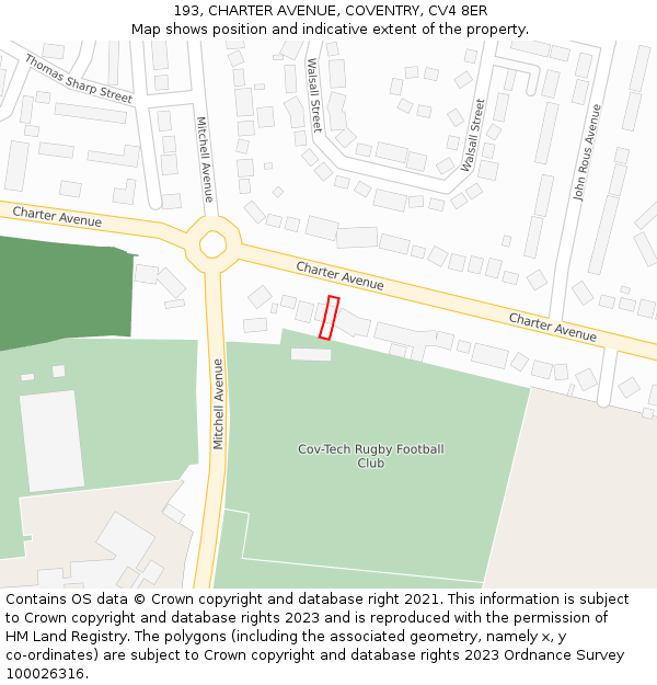 193, CHARTER AVENUE, COVENTRY, CV4 8ER: Location map and indicative extent of plot