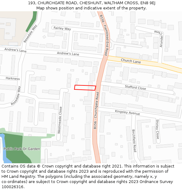 193, CHURCHGATE ROAD, CHESHUNT, WALTHAM CROSS, EN8 9EJ: Location map and indicative extent of plot