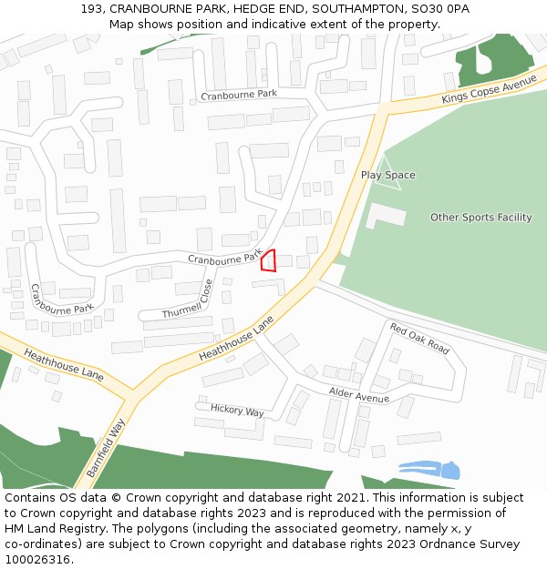 193, CRANBOURNE PARK, HEDGE END, SOUTHAMPTON, SO30 0PA: Location map and indicative extent of plot