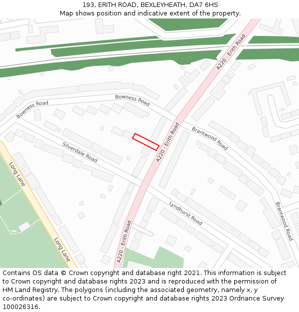 193, ERITH ROAD, BEXLEYHEATH, DA7 6HS: Location map and indicative extent of plot