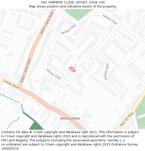 193, FARMERS CLOSE, WITNEY, OX28 1NS: Location map and indicative extent of plot