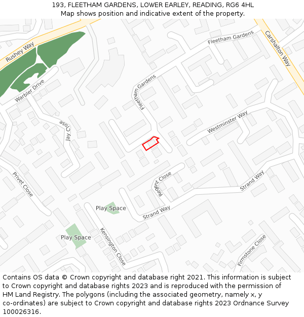 193, FLEETHAM GARDENS, LOWER EARLEY, READING, RG6 4HL: Location map and indicative extent of plot