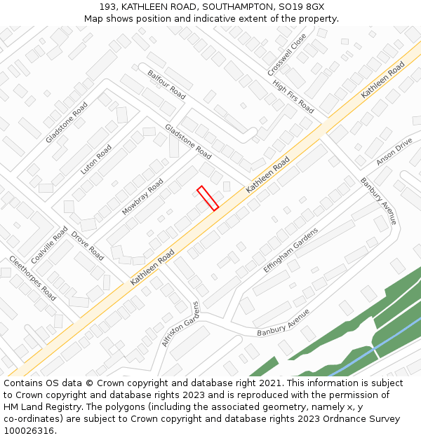 193, KATHLEEN ROAD, SOUTHAMPTON, SO19 8GX: Location map and indicative extent of plot