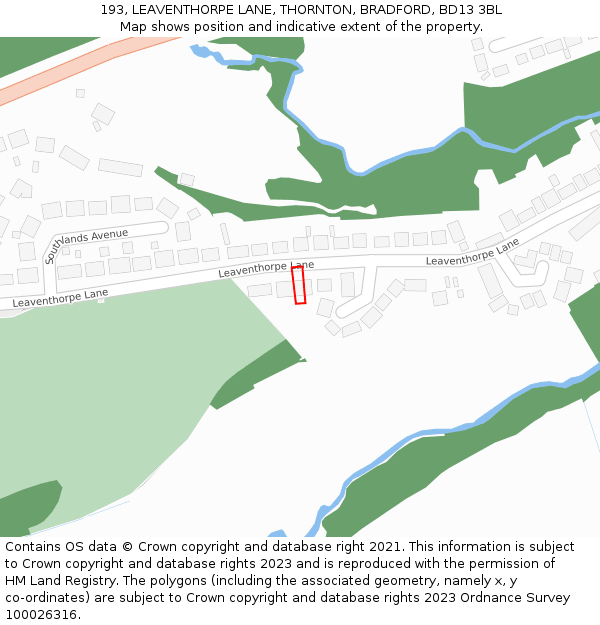 193, LEAVENTHORPE LANE, THORNTON, BRADFORD, BD13 3BL: Location map and indicative extent of plot