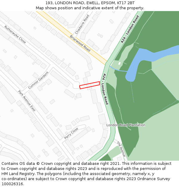 193, LONDON ROAD, EWELL, EPSOM, KT17 2BT: Location map and indicative extent of plot