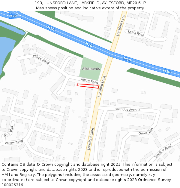 193, LUNSFORD LANE, LARKFIELD, AYLESFORD, ME20 6HP: Location map and indicative extent of plot