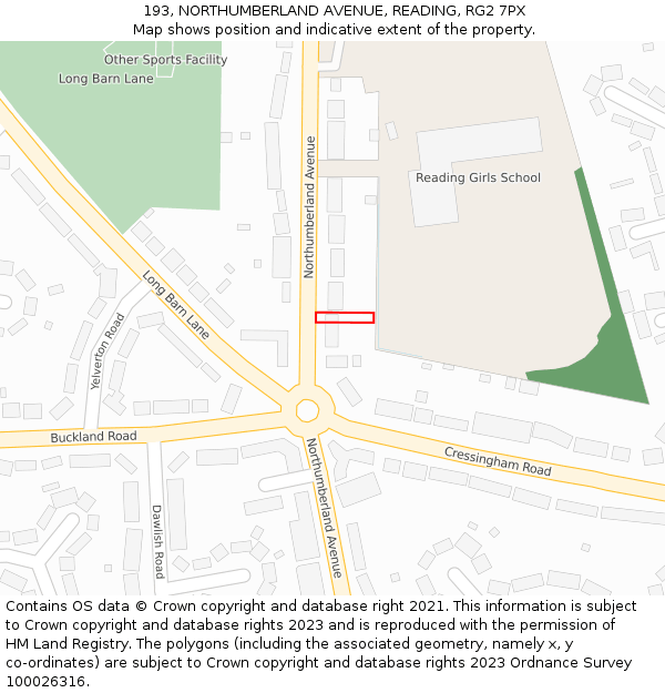 193, NORTHUMBERLAND AVENUE, READING, RG2 7PX: Location map and indicative extent of plot