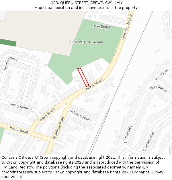 193, QUEEN STREET, CREWE, CW1 4AU: Location map and indicative extent of plot