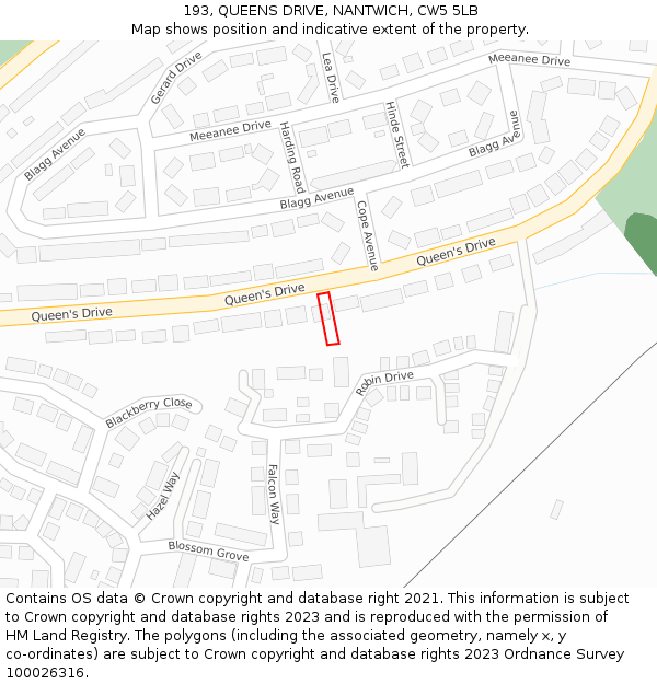 193, QUEENS DRIVE, NANTWICH, CW5 5LB: Location map and indicative extent of plot