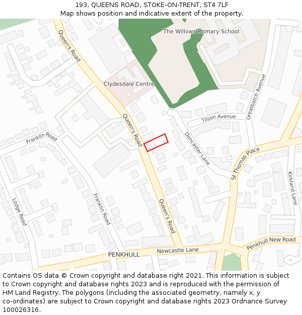 193, QUEENS ROAD, STOKE-ON-TRENT, ST4 7LF: Location map and indicative extent of plot