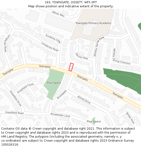 193, TOWNGATE, OSSETT, WF5 0PT: Location map and indicative extent of plot