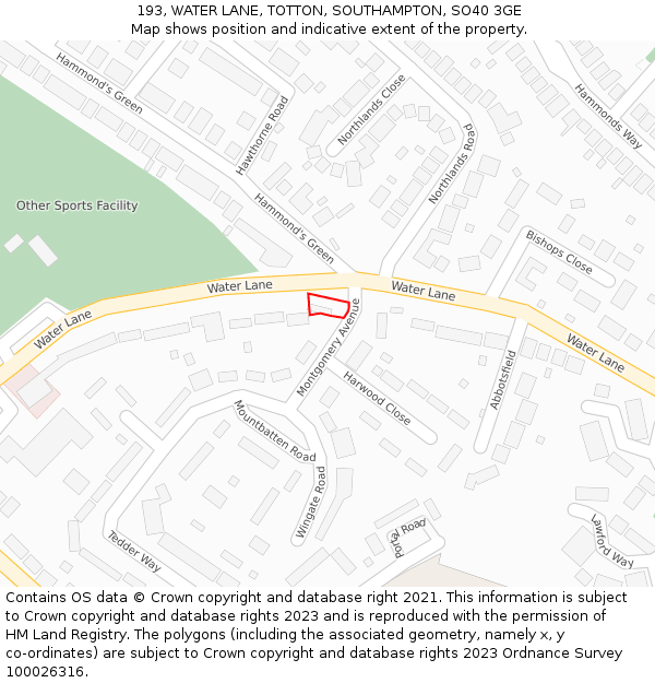 193, WATER LANE, TOTTON, SOUTHAMPTON, SO40 3GE: Location map and indicative extent of plot