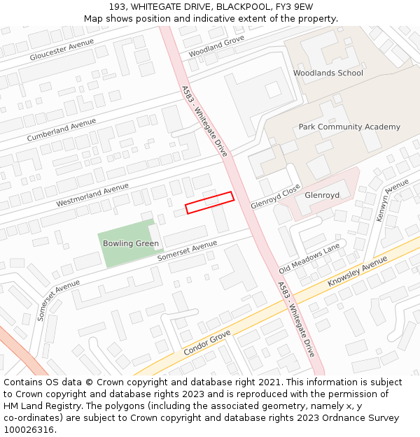 193, WHITEGATE DRIVE, BLACKPOOL, FY3 9EW: Location map and indicative extent of plot