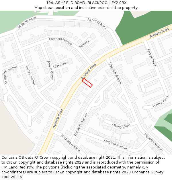 194, ASHFIELD ROAD, BLACKPOOL, FY2 0BX: Location map and indicative extent of plot