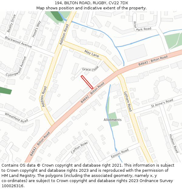 194, BILTON ROAD, RUGBY, CV22 7DX: Location map and indicative extent of plot