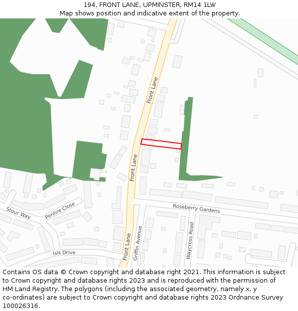 194, FRONT LANE, UPMINSTER, RM14 1LW: Location map and indicative extent of plot