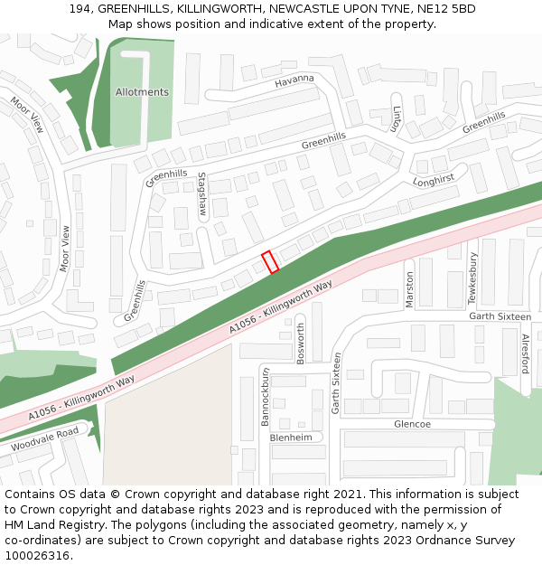 194, GREENHILLS, KILLINGWORTH, NEWCASTLE UPON TYNE, NE12 5BD: Location map and indicative extent of plot