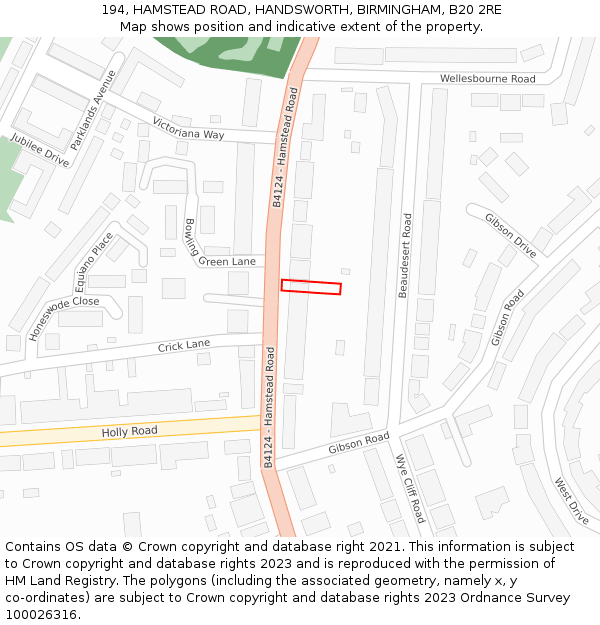 194, HAMSTEAD ROAD, HANDSWORTH, BIRMINGHAM, B20 2RE: Location map and indicative extent of plot