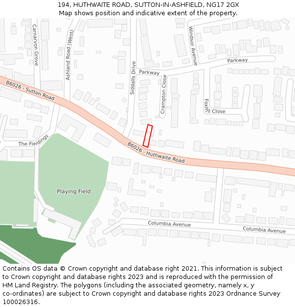 194, HUTHWAITE ROAD, SUTTON-IN-ASHFIELD, NG17 2GX: Location map and indicative extent of plot