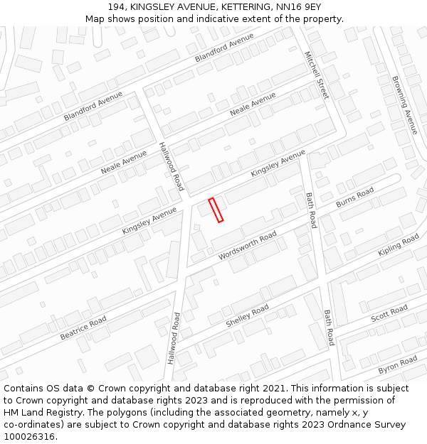 194, KINGSLEY AVENUE, KETTERING, NN16 9EY: Location map and indicative extent of plot