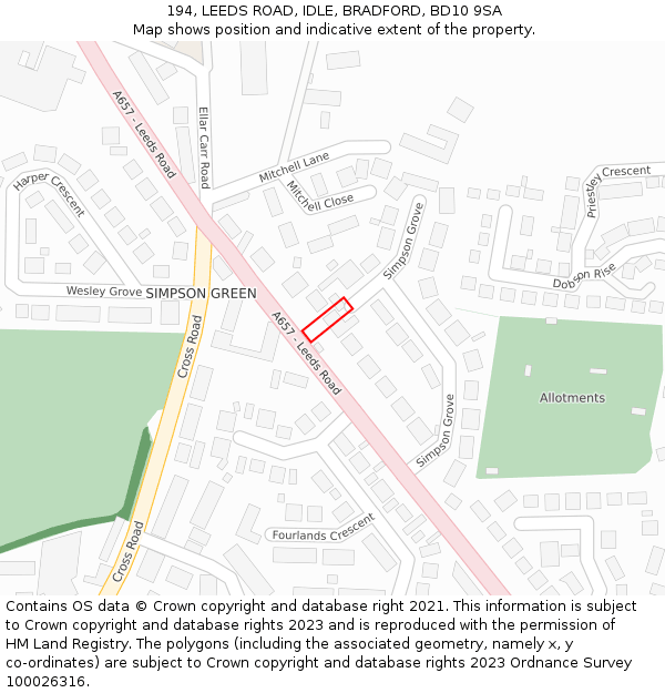 194, LEEDS ROAD, IDLE, BRADFORD, BD10 9SA: Location map and indicative extent of plot