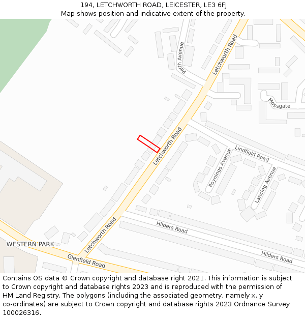 194, LETCHWORTH ROAD, LEICESTER, LE3 6FJ: Location map and indicative extent of plot