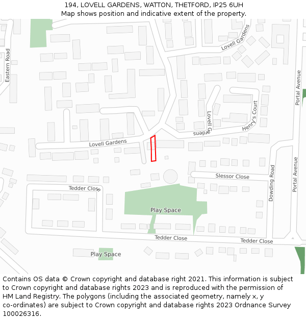 194, LOVELL GARDENS, WATTON, THETFORD, IP25 6UH: Location map and indicative extent of plot