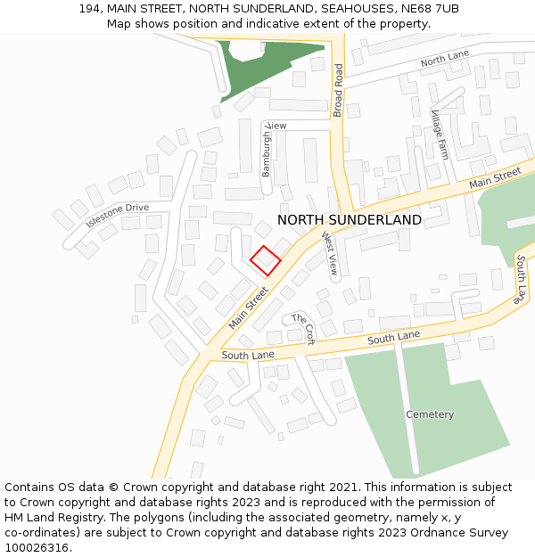 194, MAIN STREET, NORTH SUNDERLAND, SEAHOUSES, NE68 7UB: Location map and indicative extent of plot