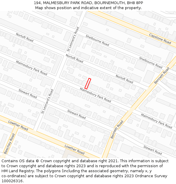 194, MALMESBURY PARK ROAD, BOURNEMOUTH, BH8 8PP: Location map and indicative extent of plot